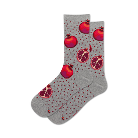 womens gray crew socks featuring red pomegranates with yellow seeds.  
