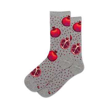 womens gray crew socks featuring red pomegranates with yellow seeds.  
