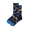 Pair of navy crew socks with a fun pattern of colorful butterflies. The socks have a blue toe and heel.