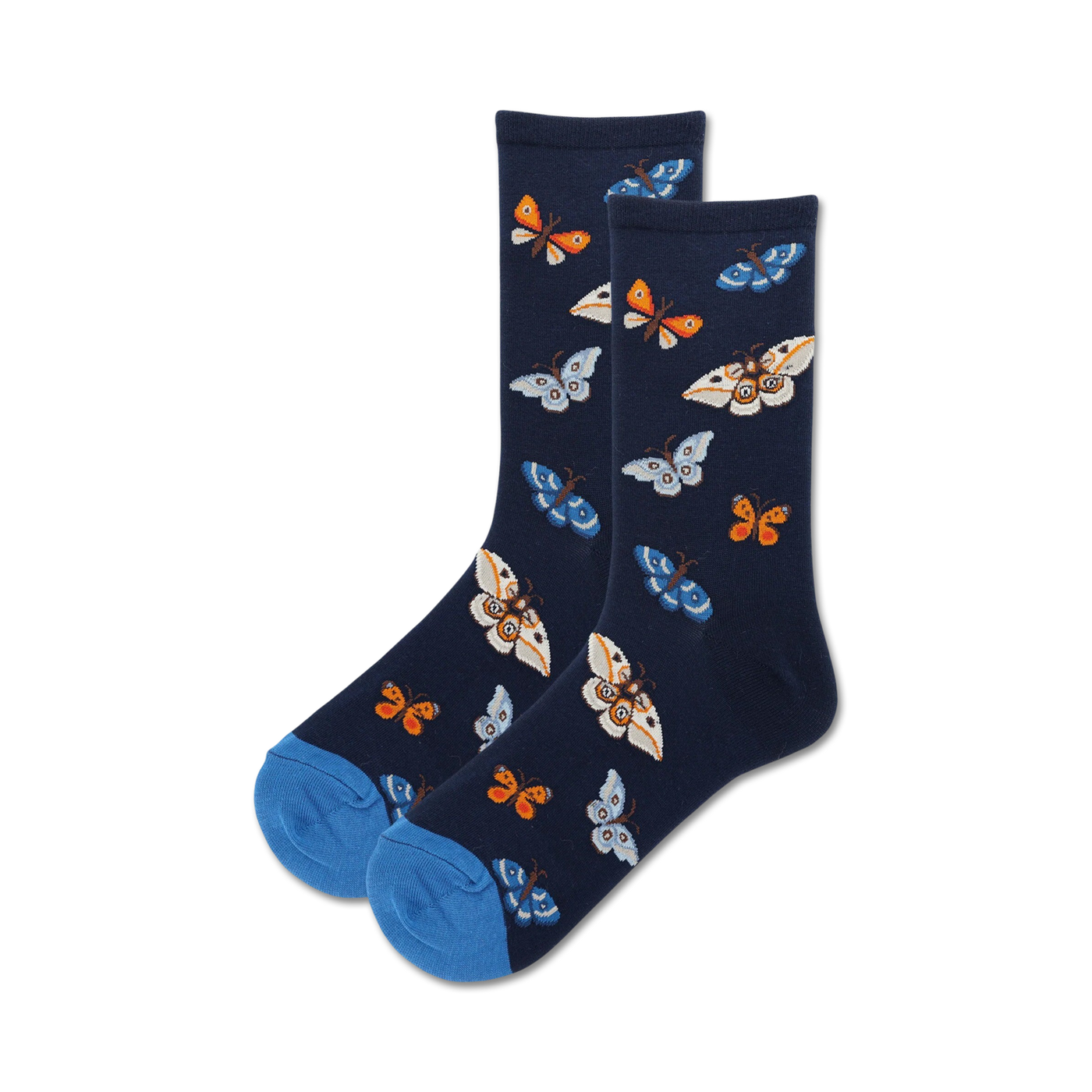 Pair of navy crew socks with a fun pattern of colorful butterflies. The socks have a blue toe and heel.