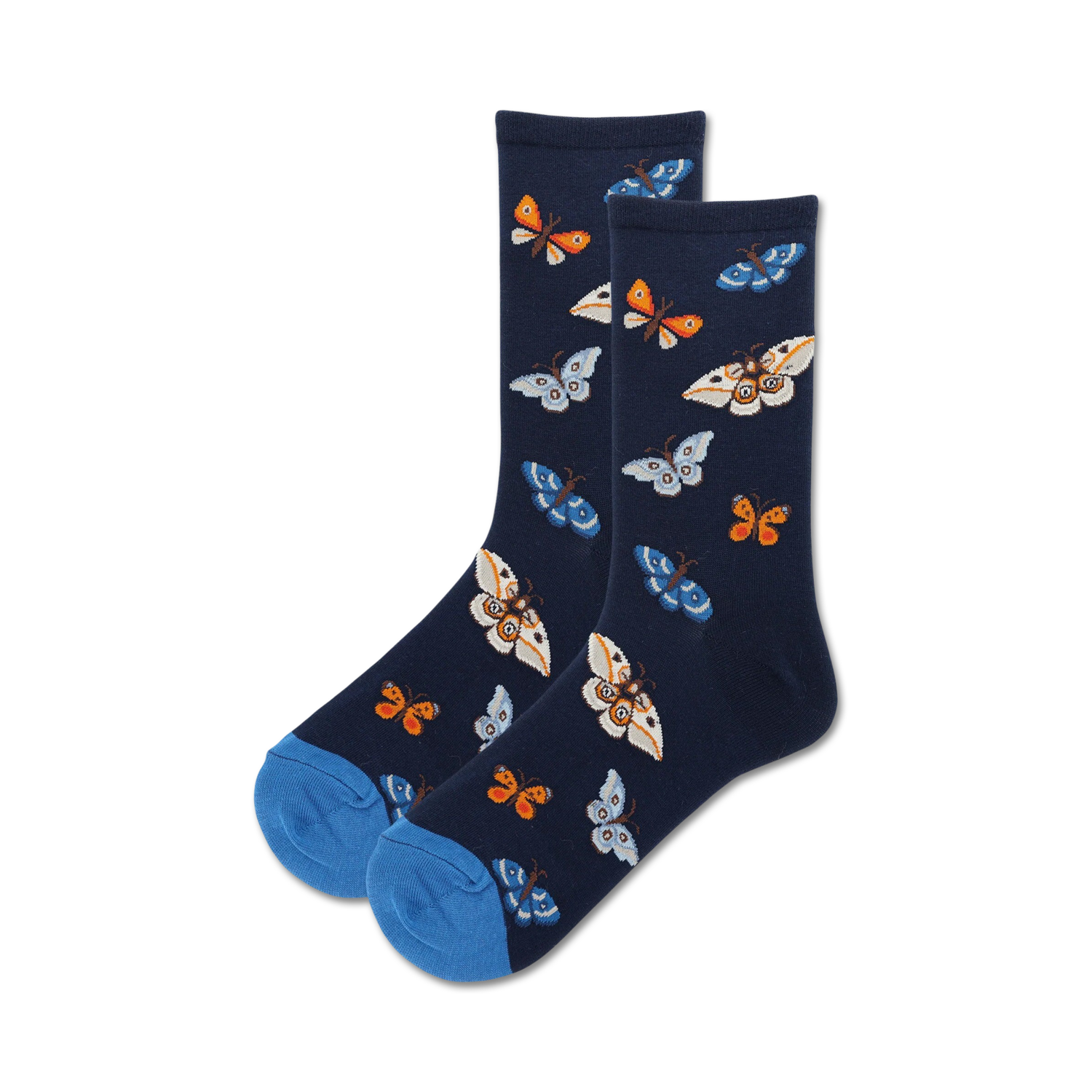 Pair of navy crew socks with a fun pattern of colorful butterflies. The socks have a blue toe and heel.