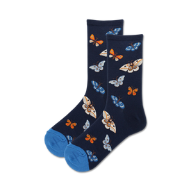  blue women's socks decorated with a random allover pattern of orange moths and butterflies plus blue toes and heels.  