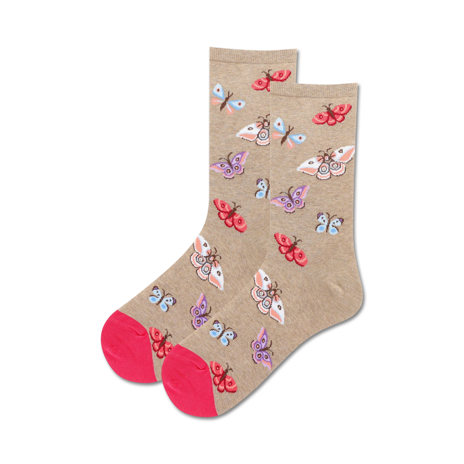 Lifestyle shot showing the beige Moth socks on a model's feet.