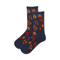 Pair of dark blue crew socks with orange and red autumn leaves design.  A cozy and stylish addition to your wardrobe!