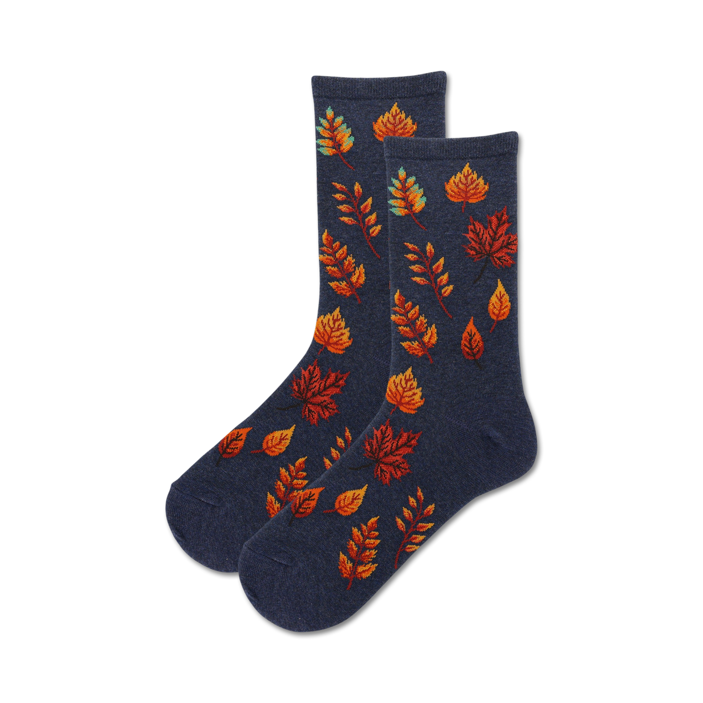 Pair of dark blue crew socks with orange and red autumn leaves design.  A cozy and stylish addition to your wardrobe!