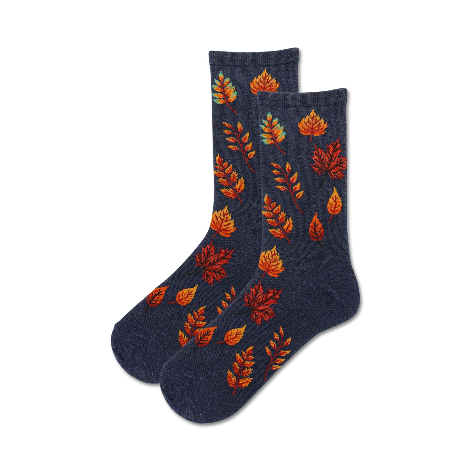 Pair of dark blue crew socks with orange and red autumn leaves design.  A cozy and stylish addition to your wardrobe!