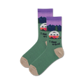 Pair of crew socks.  Purple and green with a retro camper van, mountains, and the text 'I sleep around'.