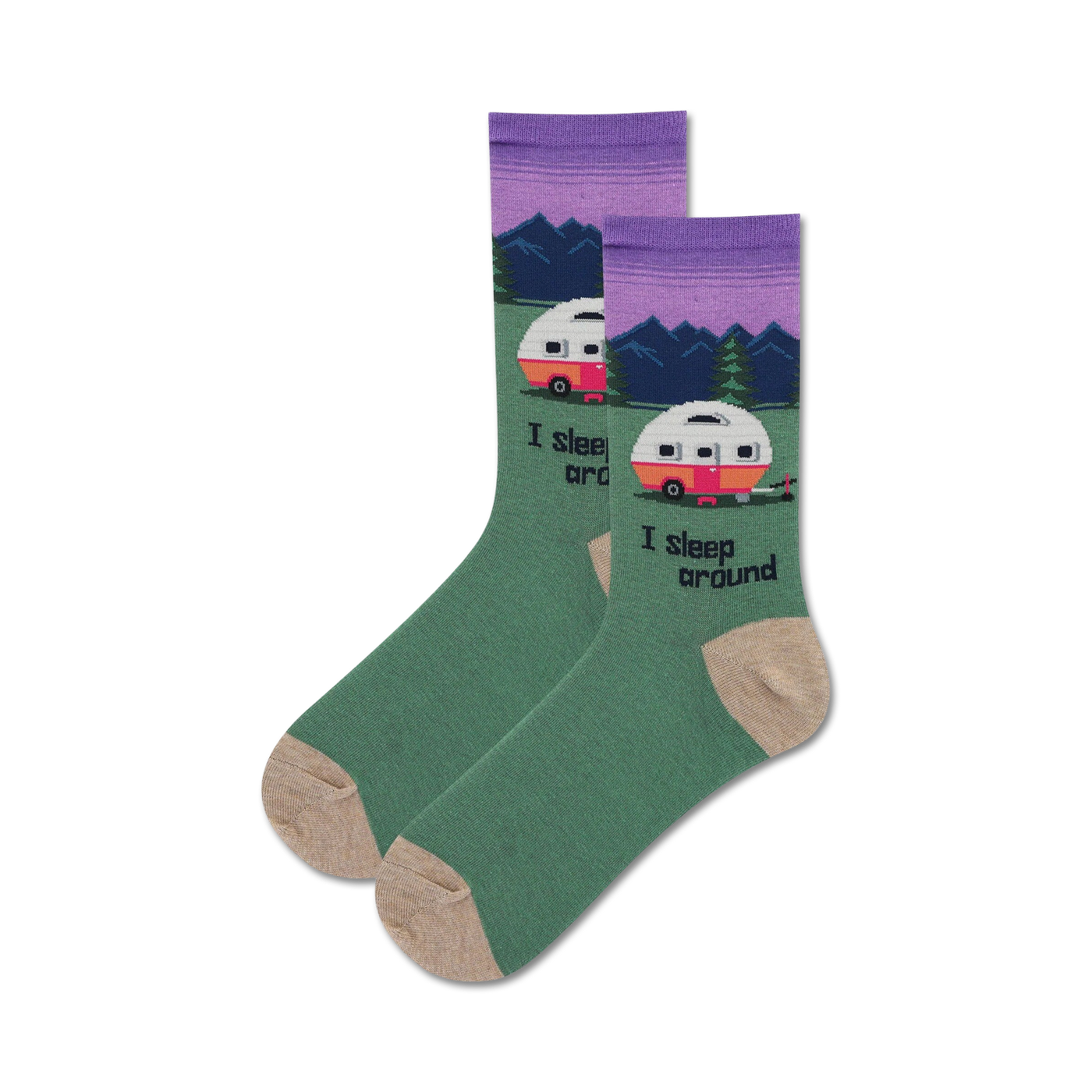 Pair of crew socks.  Purple and green with a retro camper van, mountains, and the text 'I sleep around'.