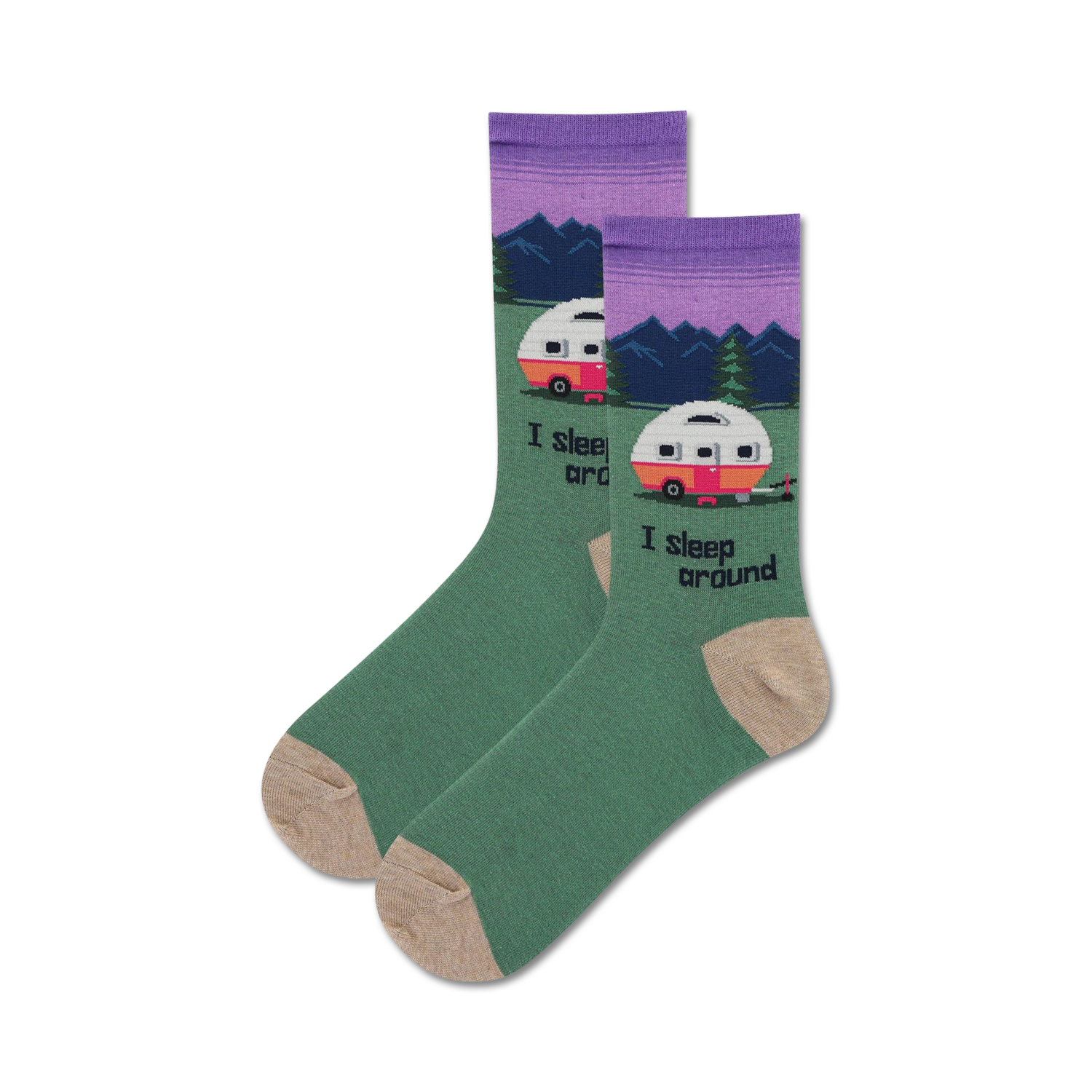 Pair of crew socks.  Purple and green with a retro camper van, mountains, and the text 'I sleep around'.