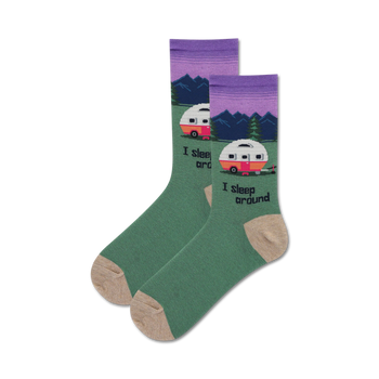 women's green, brown crew socks with camper, mountains and trees, that says "i sleep around".  