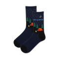 Pair of navy blue crew socks with a camping scene, orange tents, green trees, and stars at night. Text reads 'Out of Office'.