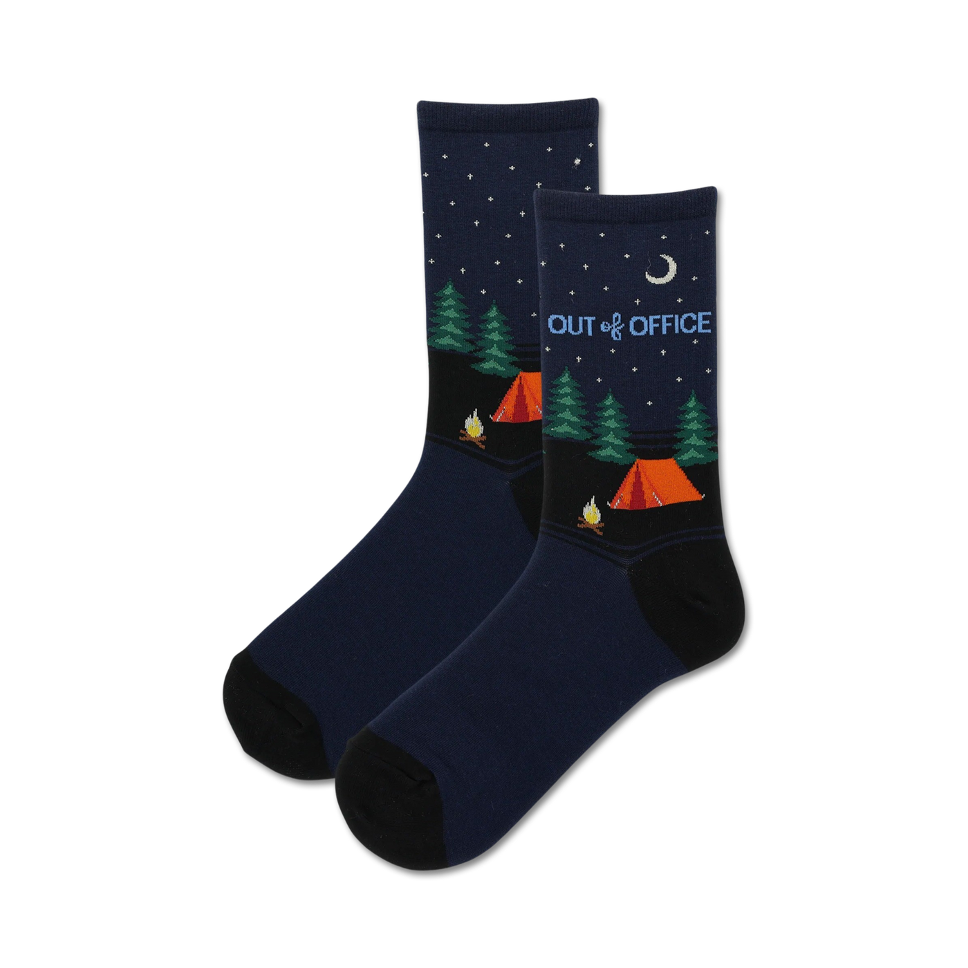 Pair of navy blue crew socks with a camping scene, orange tents, green trees, and stars at night. Text reads 'Out of Office'.