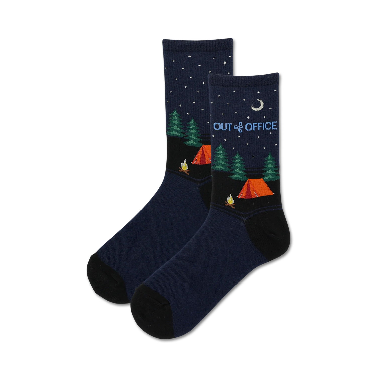 Pair of navy blue crew socks with a camping scene, orange tents, green trees, and stars at night. Text reads 'Out of Office'.