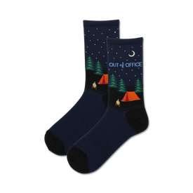 out of office camping themed womens blue novelty crew socks