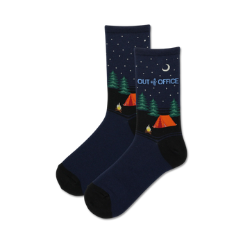 out of office camping themed womens blue novelty crew socks
