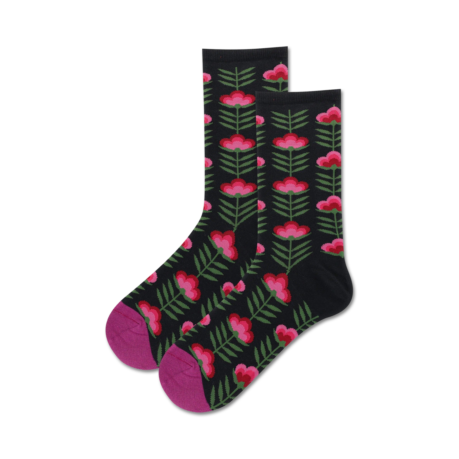 Pair of black crew socks with a retro pink and green floral pattern.  Features a magenta-colored toe and heel.