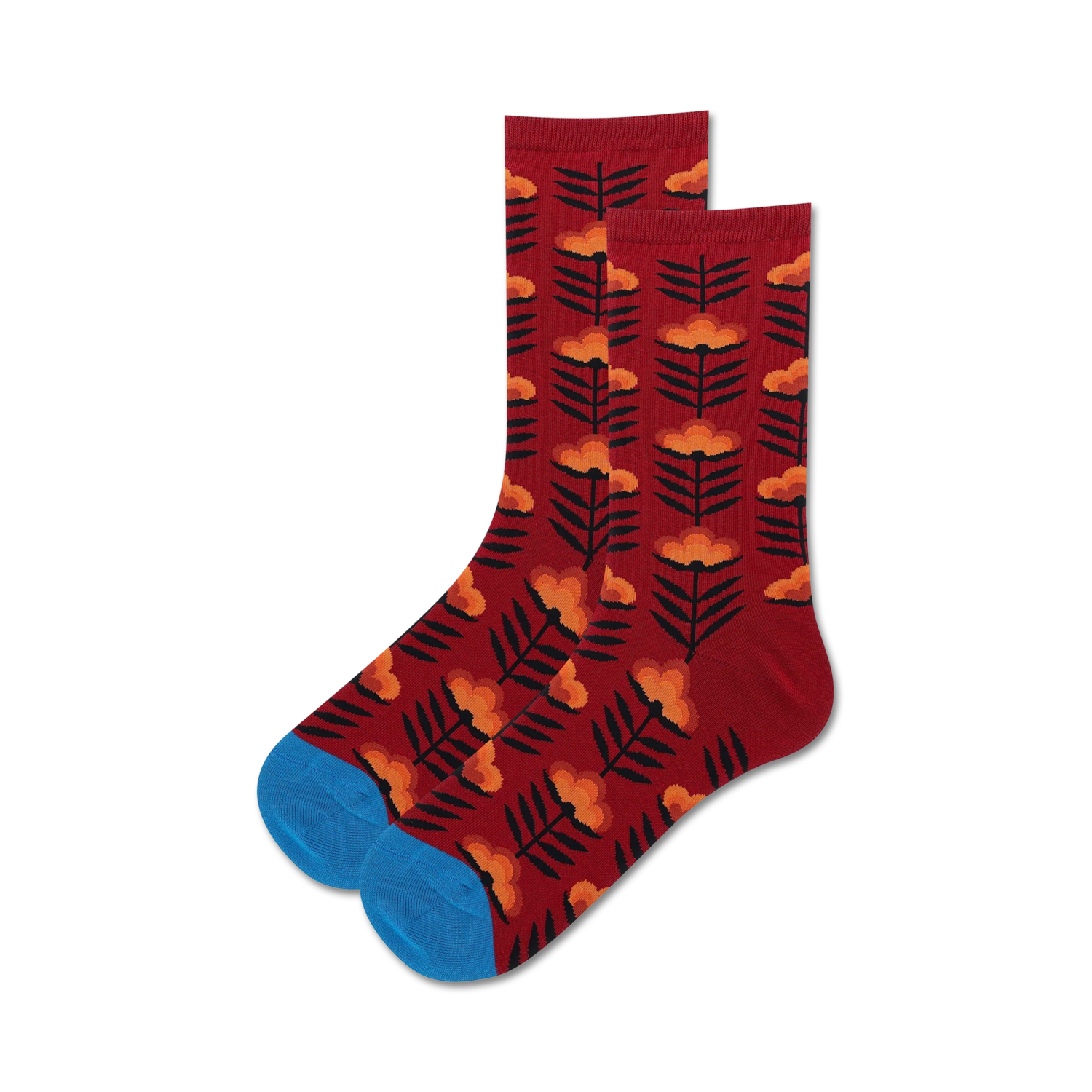 Lifestyle shot:  A pair of burgundy crew socks with an orange retro floral design are casually displayed.