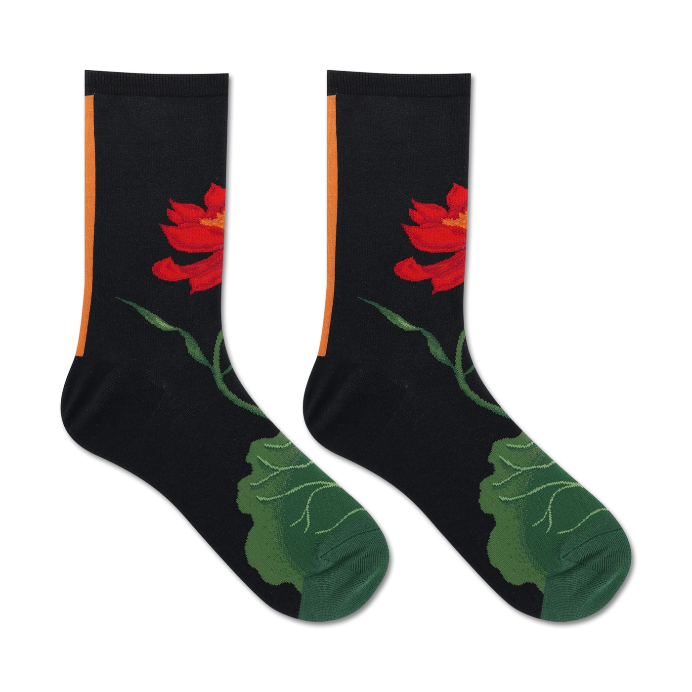 Pair of black crew socks.  Features a red lotus flower and green leaves.  Orange stripe detail at the top.