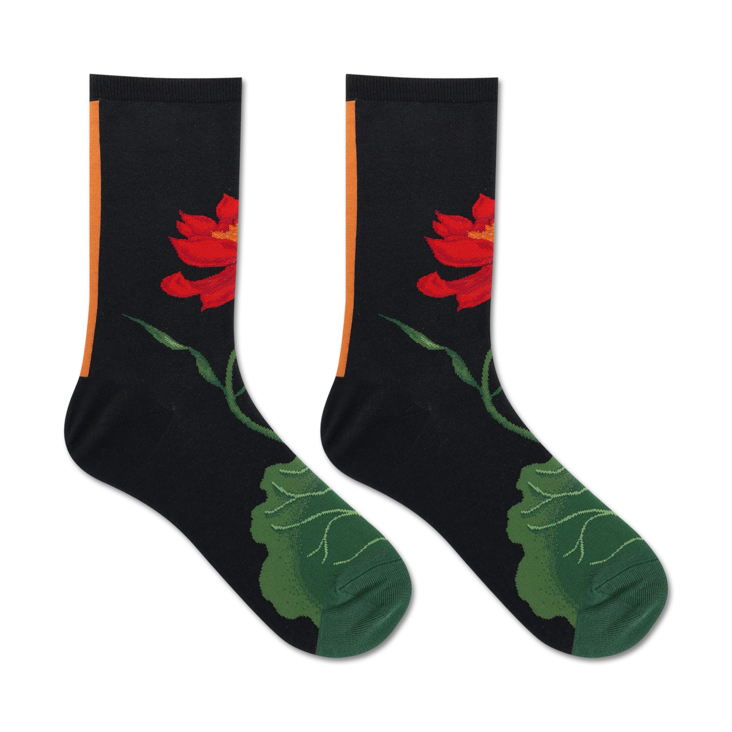 Pair of black crew socks.  Features a red lotus flower and green leaves.  Orange stripe detail at the top.