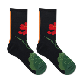 women's black crew socks with red and green lotus floral pattern  