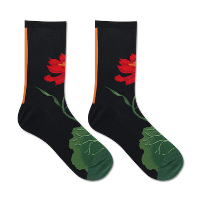 women's black crew socks with red and green lotus floral pattern  