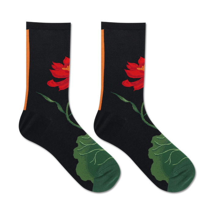 women's black crew socks with red and green lotus floral pattern   }}