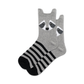 Pair of grey crew socks with black stripes and a cute raccoon face on the top. 