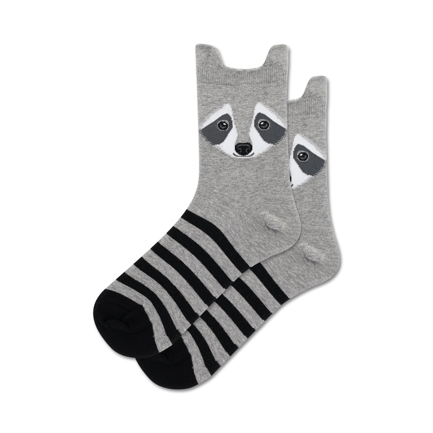Pair of grey crew socks with black stripes and a cute raccoon face on the top. 