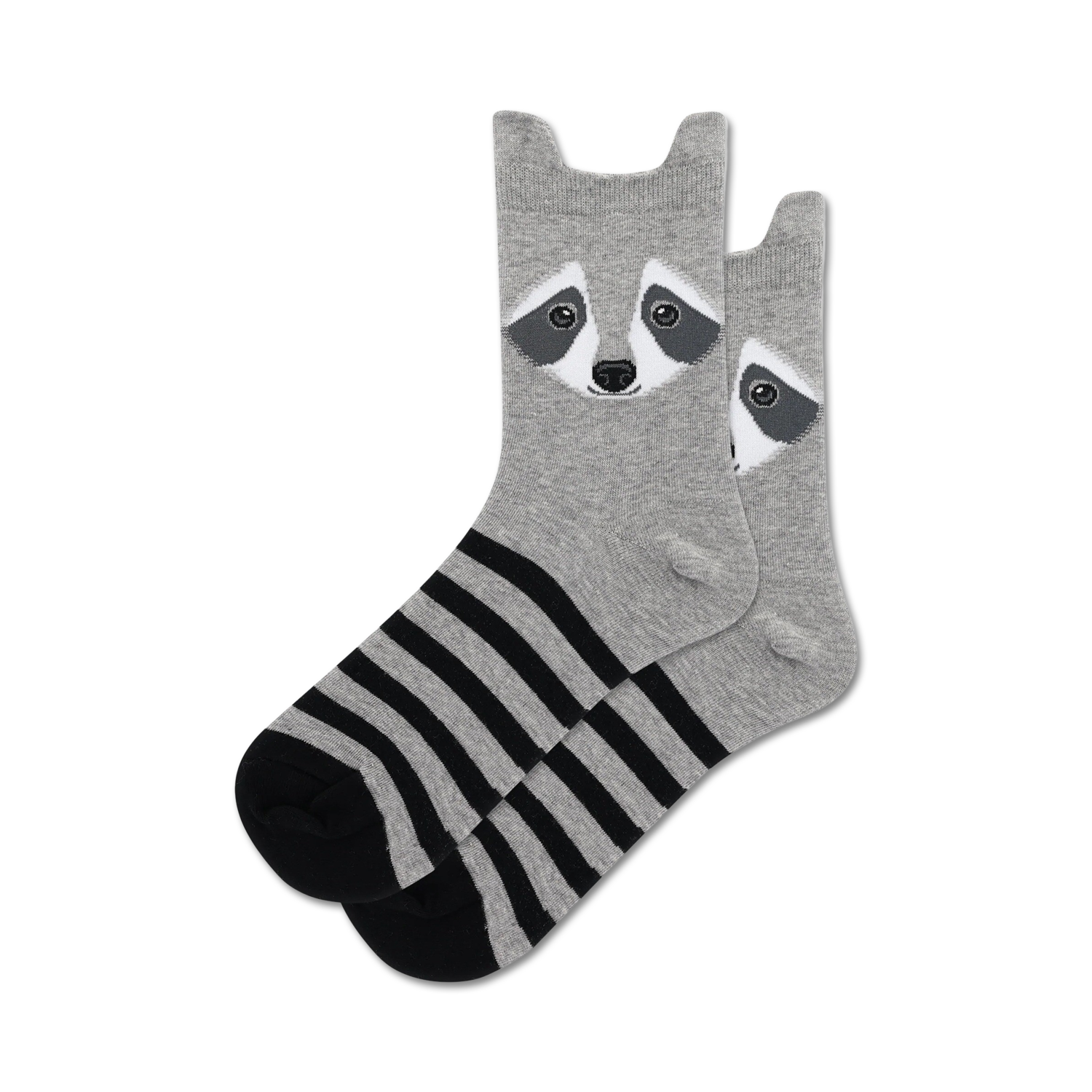 Pair of grey crew socks with black stripes and a cute raccoon face on the top. 