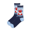 Pair of crew socks in navy blue and light blue, featuring a red fox wearing a flower crown.  Cute and whimsical design.