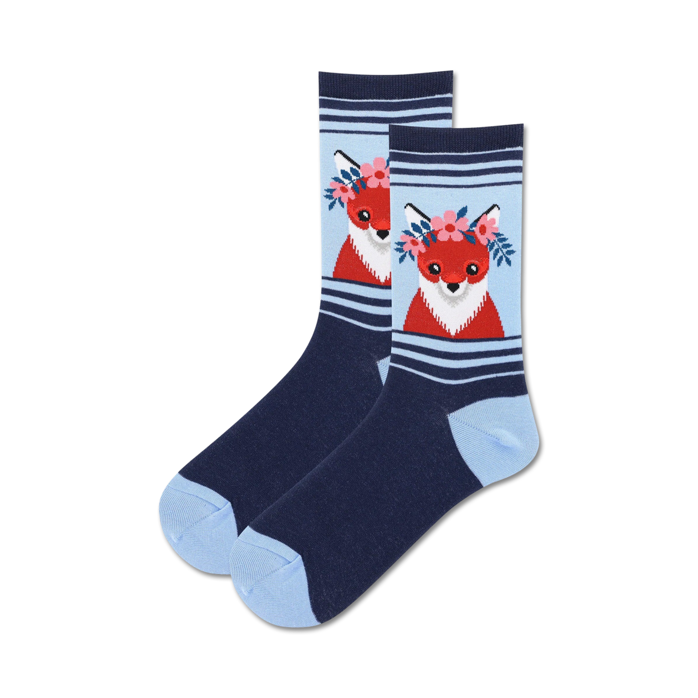 Pair of crew socks in navy blue and light blue, featuring a red fox wearing a flower crown.  Cute and whimsical design.