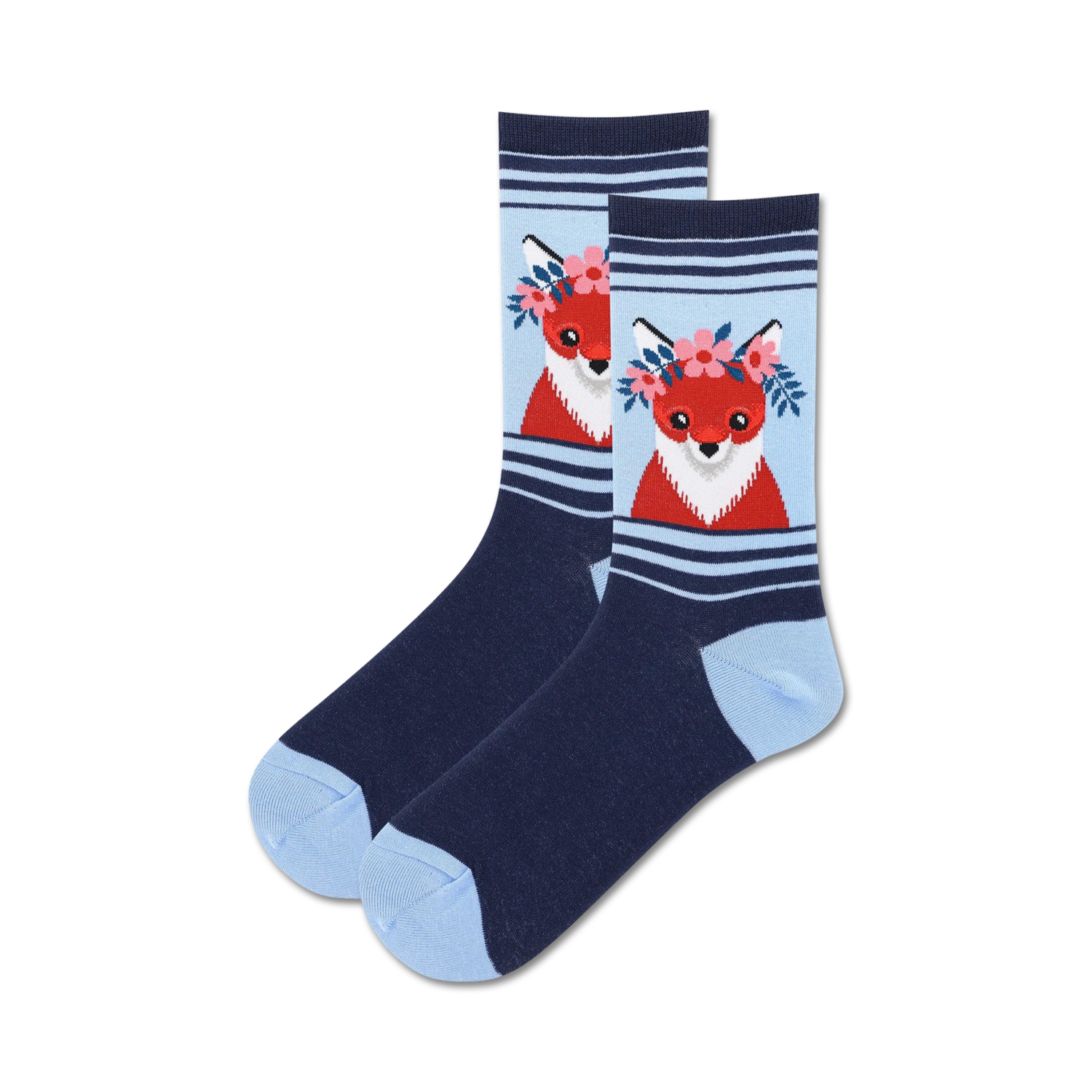 Pair of crew socks in navy blue and light blue, featuring a red fox wearing a flower crown.  Cute and whimsical design.