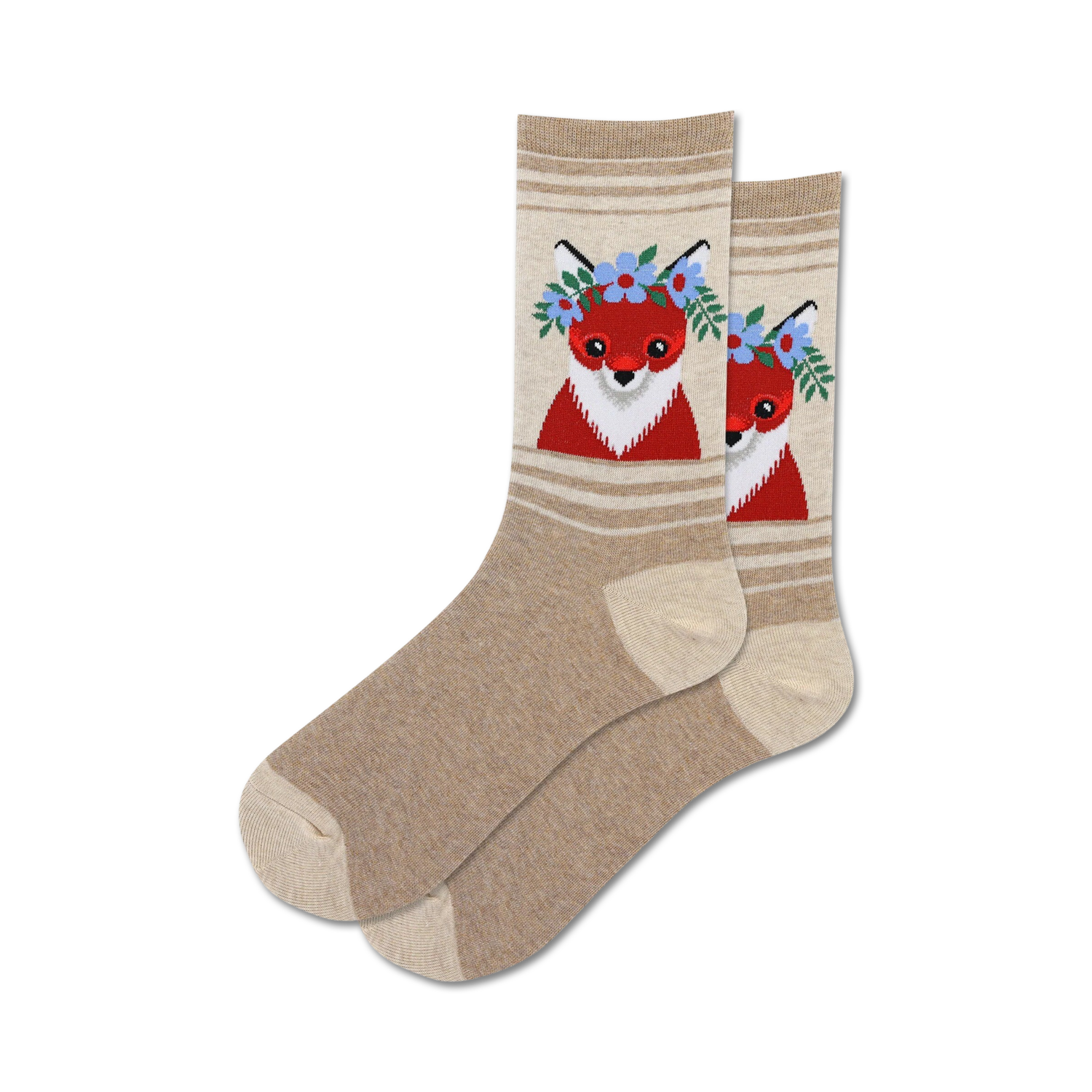 Close-up of a pair of tan Flower Crown Fox socks showcasing the fox design and striped details.