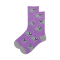 Pair of purple crew socks with repeating grey badger pattern.  Soft and comfy!