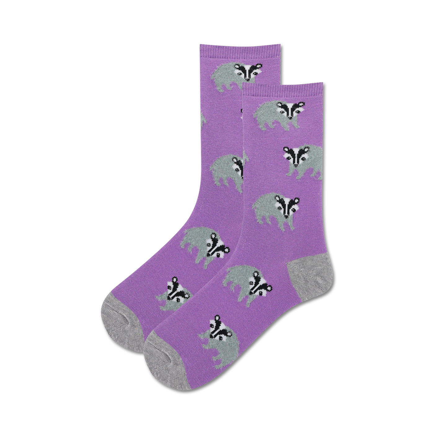 Pair of purple crew socks with repeating grey badger pattern.  Soft and comfy!