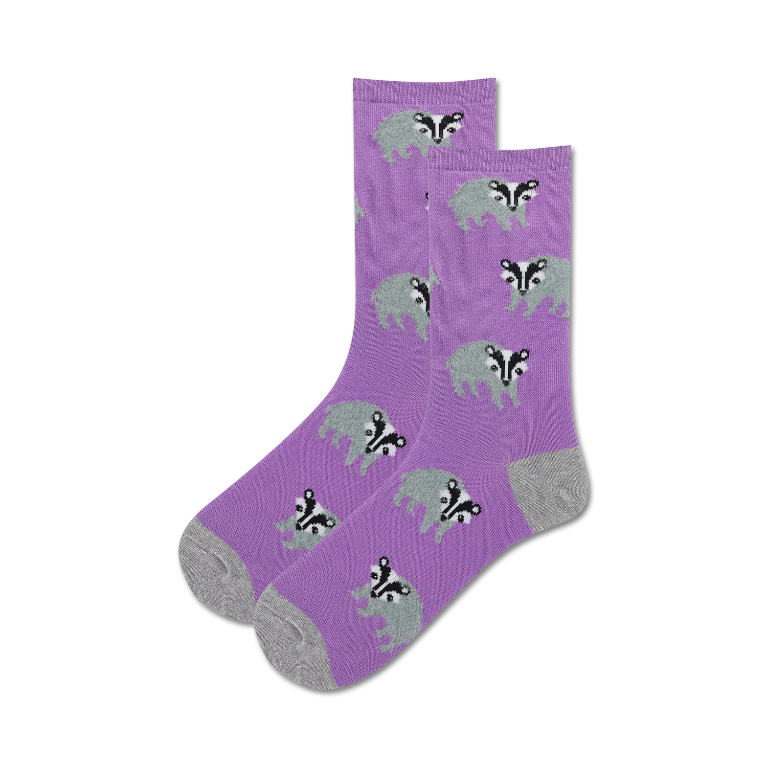 Pair of purple crew socks with repeating grey badger pattern.  Soft and comfy!