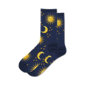 Pair of navy blue crew socks with a repeating pattern of gold suns, moons, and stars.