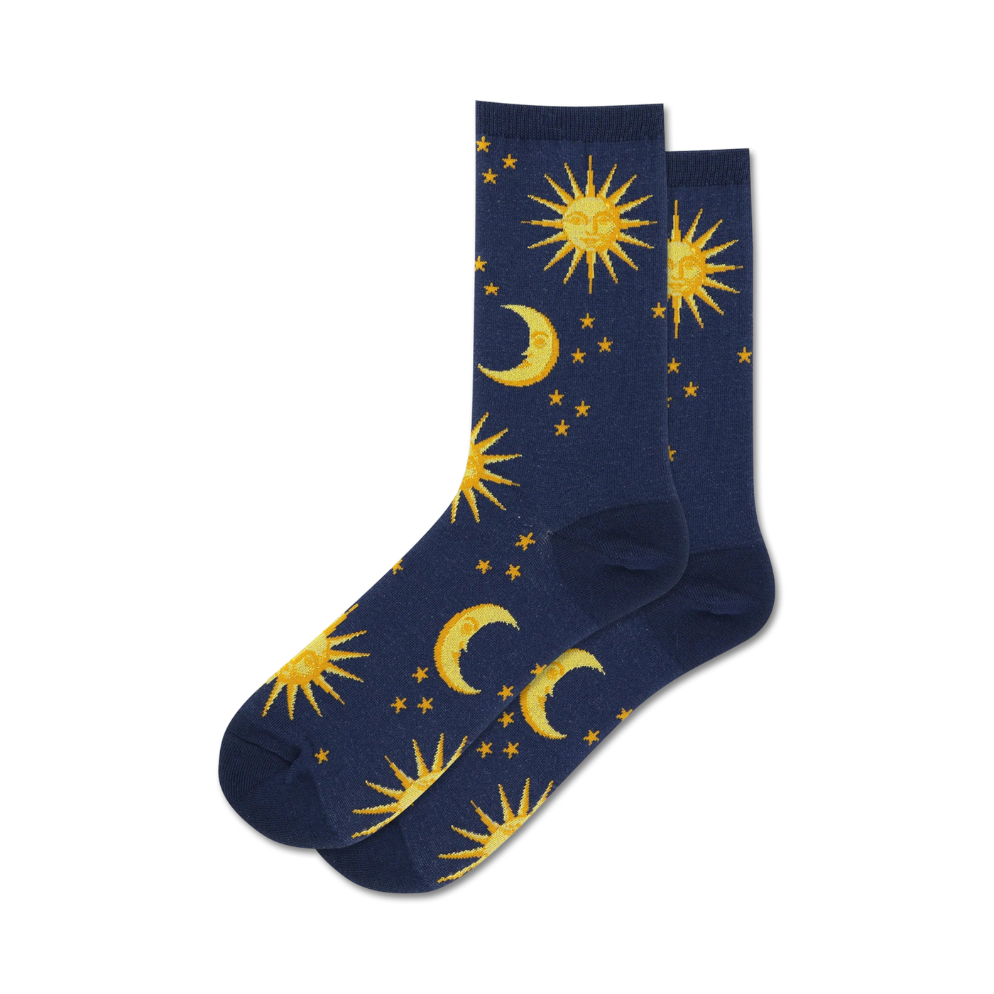 Pair of navy blue crew socks with a repeating pattern of gold suns, moons, and stars.