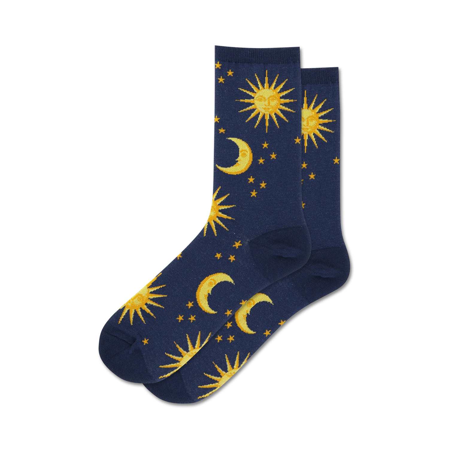 Pair of navy blue crew socks with a repeating pattern of gold suns, moons, and stars.