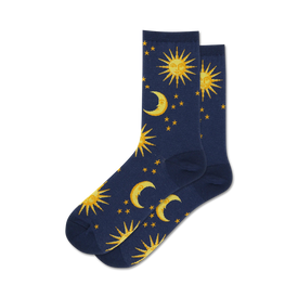 dark blue womens crew socks with a colorful pattern of moons, suns and stars.  