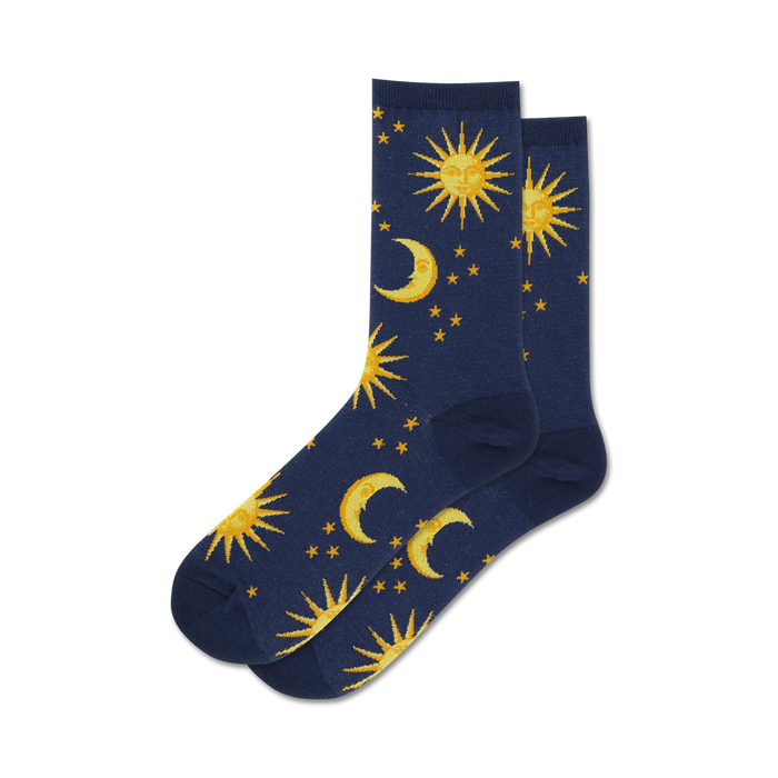 dark blue womens crew socks with a colorful pattern of moons, suns and stars.  