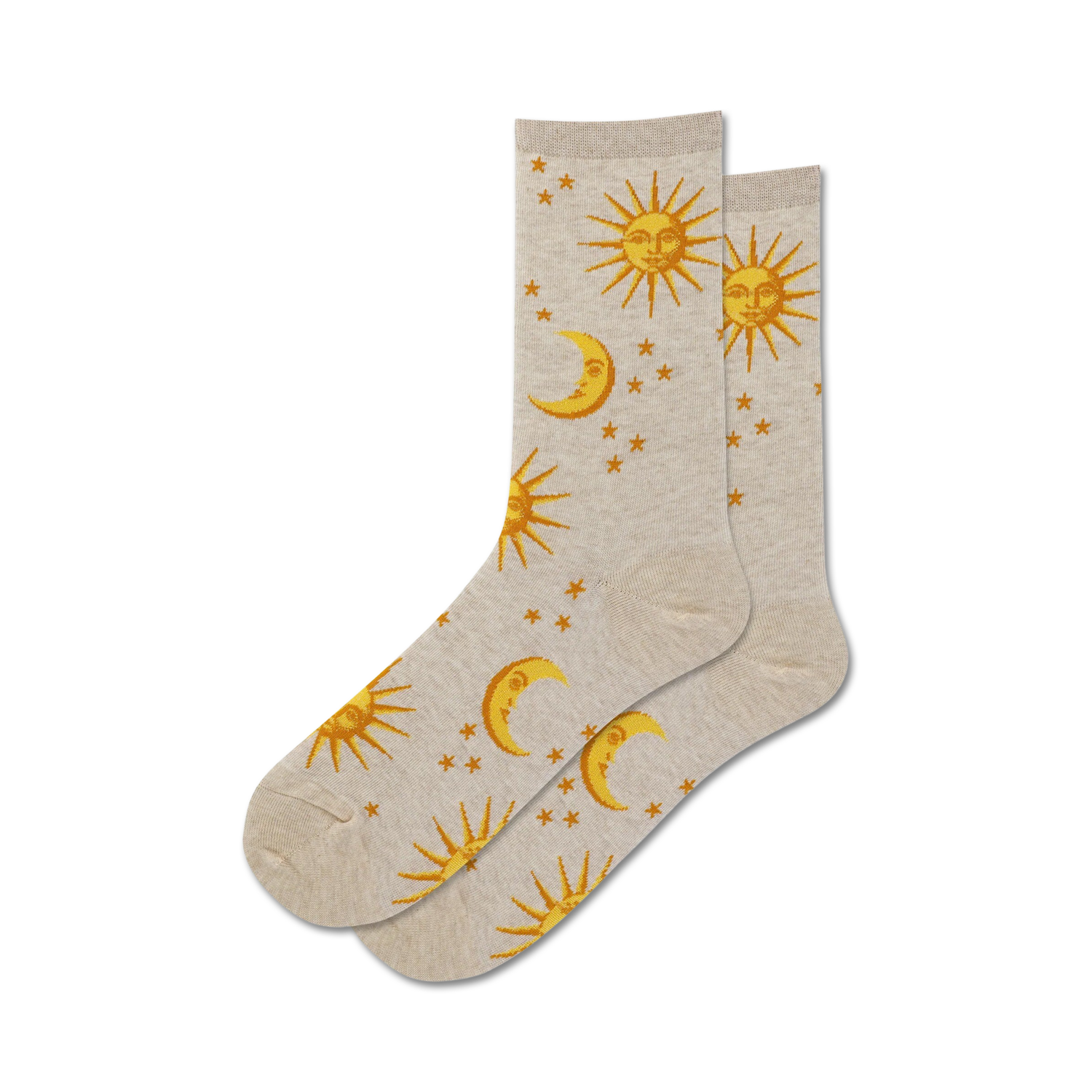 A pair of beige crew socks with a gold sun, moon, and stars pattern. 