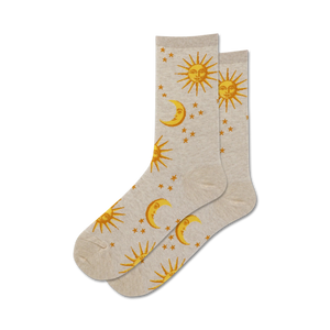 celestial light tan crew socks with cheerful suns, relaxed moons, & golden stars.  