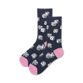 Pair of navy blue crew socks with a playful pattern of white dice and pink toes.