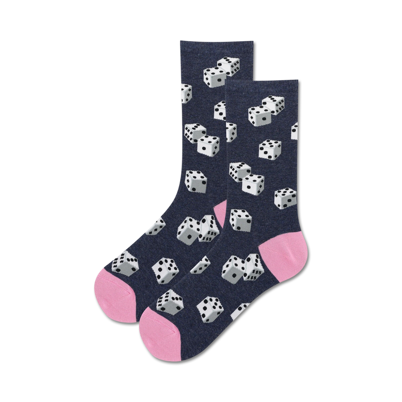 Pair of navy blue crew socks with a playful pattern of white dice and pink toes.