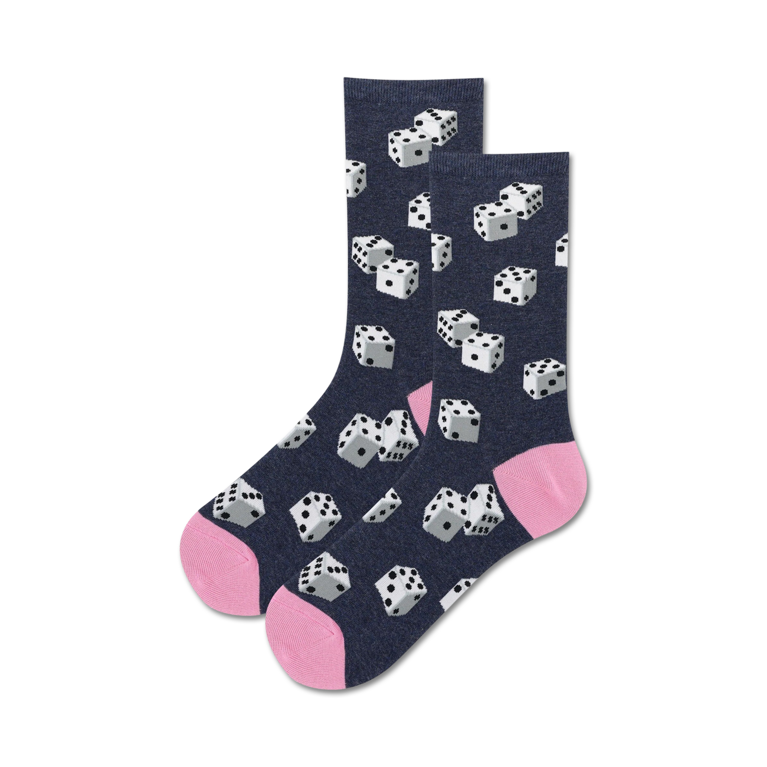 Pair of navy blue crew socks with a playful pattern of white dice and pink toes.