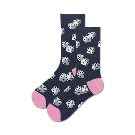 blue crew socks with white dice pattern, black pips, pink toes and heels.  