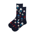 Pair of navy blue crew socks with a fun pattern of colorful lamps in red, blue, and white. 