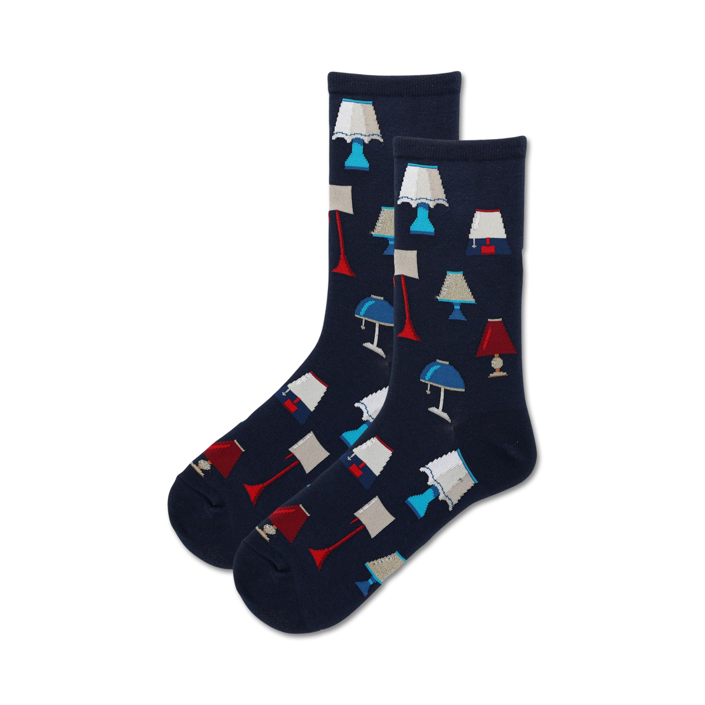 Pair of navy blue crew socks with a fun pattern of colorful lamps in red, blue, and white. 