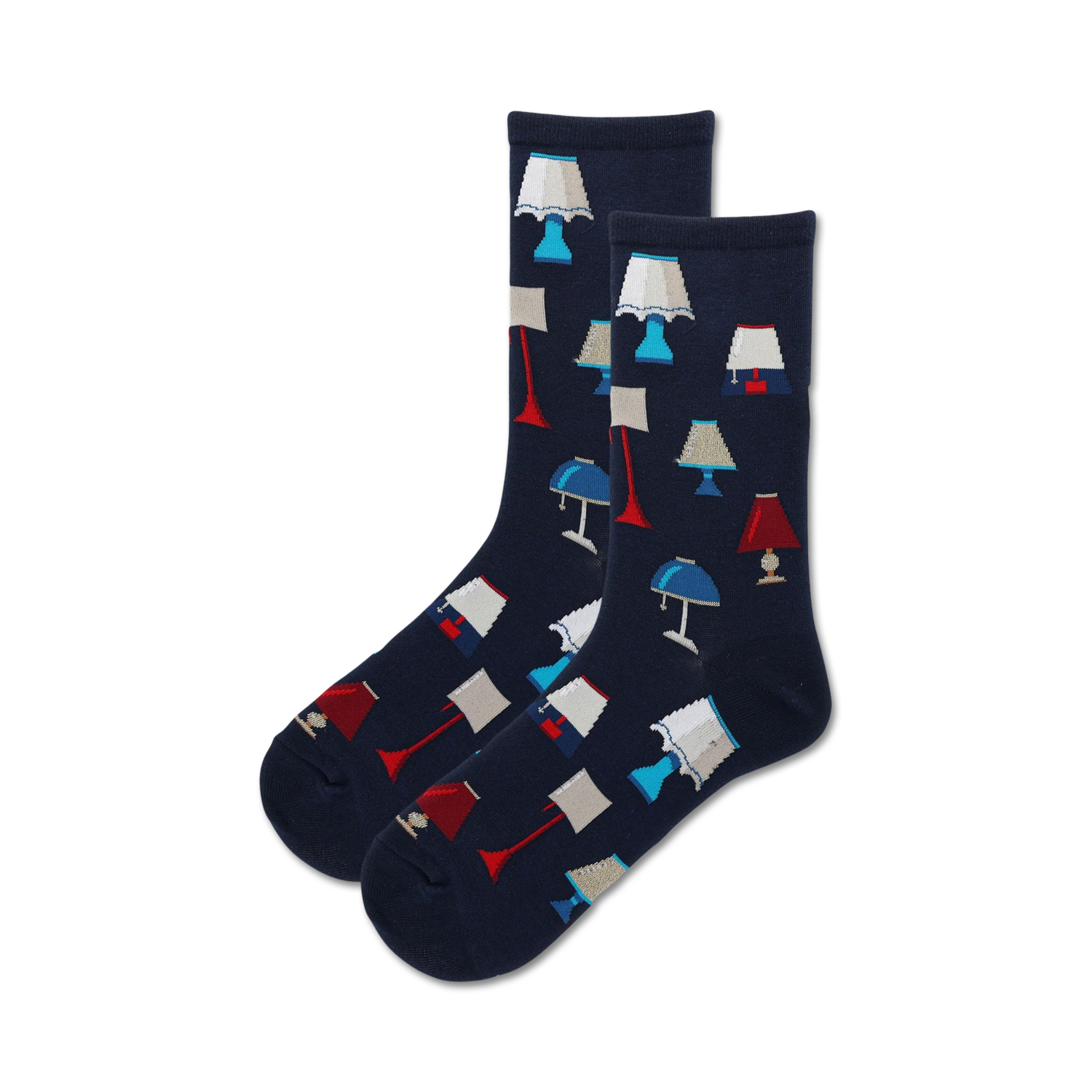 Pair of navy blue crew socks with a fun pattern of colorful lamps in red, blue, and white. 